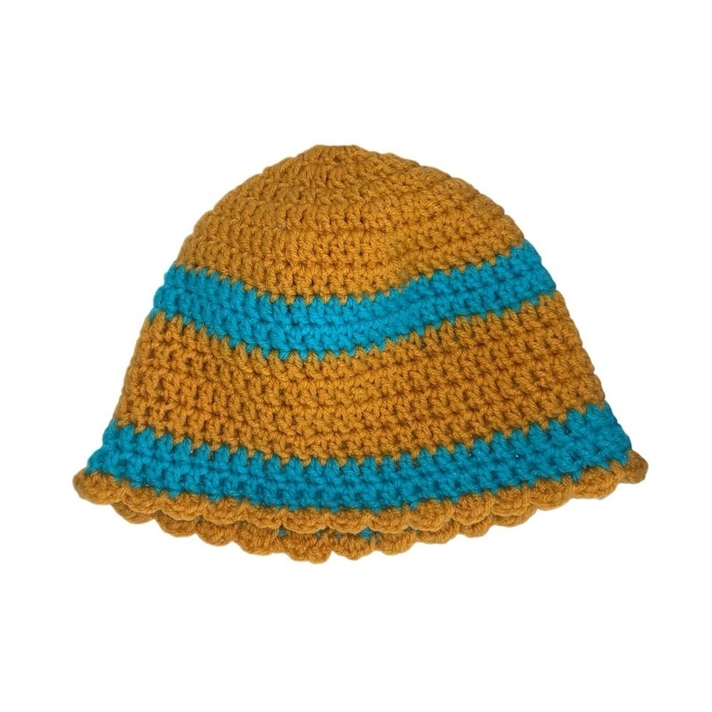 Crochet Scalloped Beanie Mustard Yellow / Teal